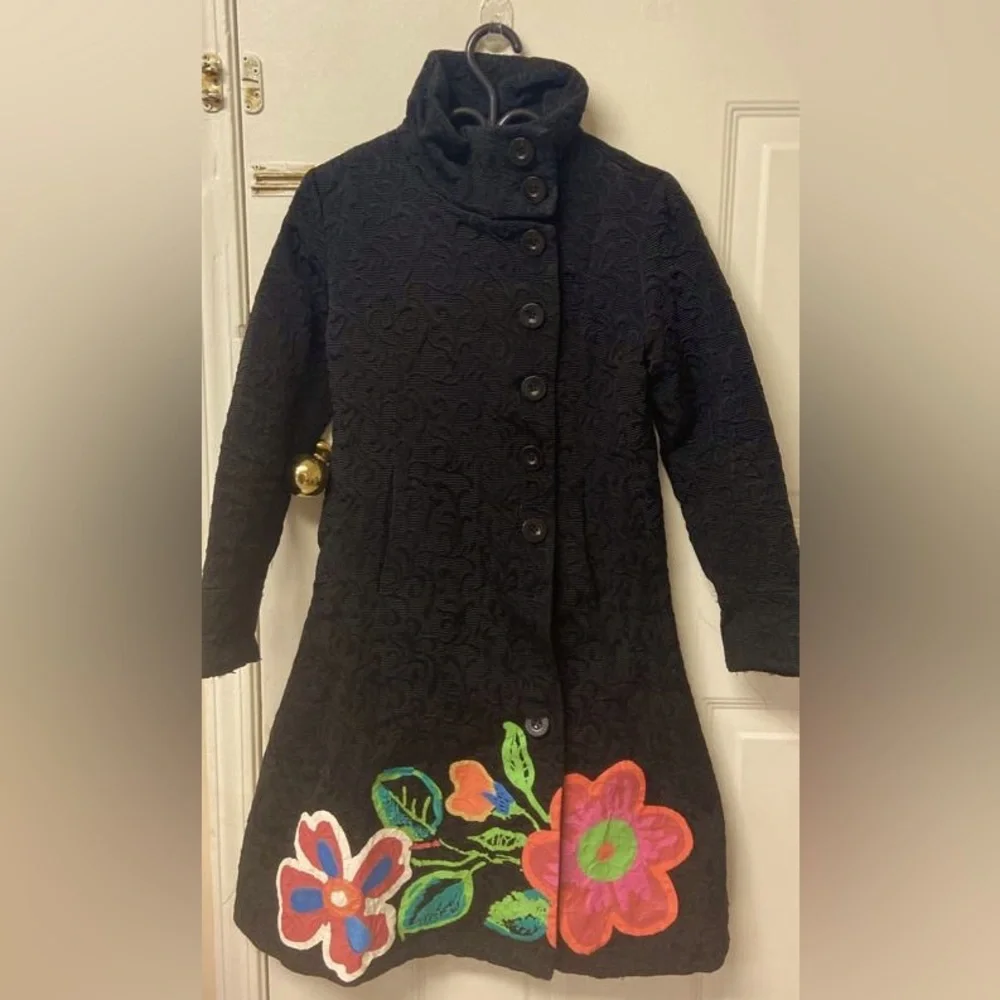 Self Embroidered coat with painted floral design in front and back. - Picture 1 of 4
